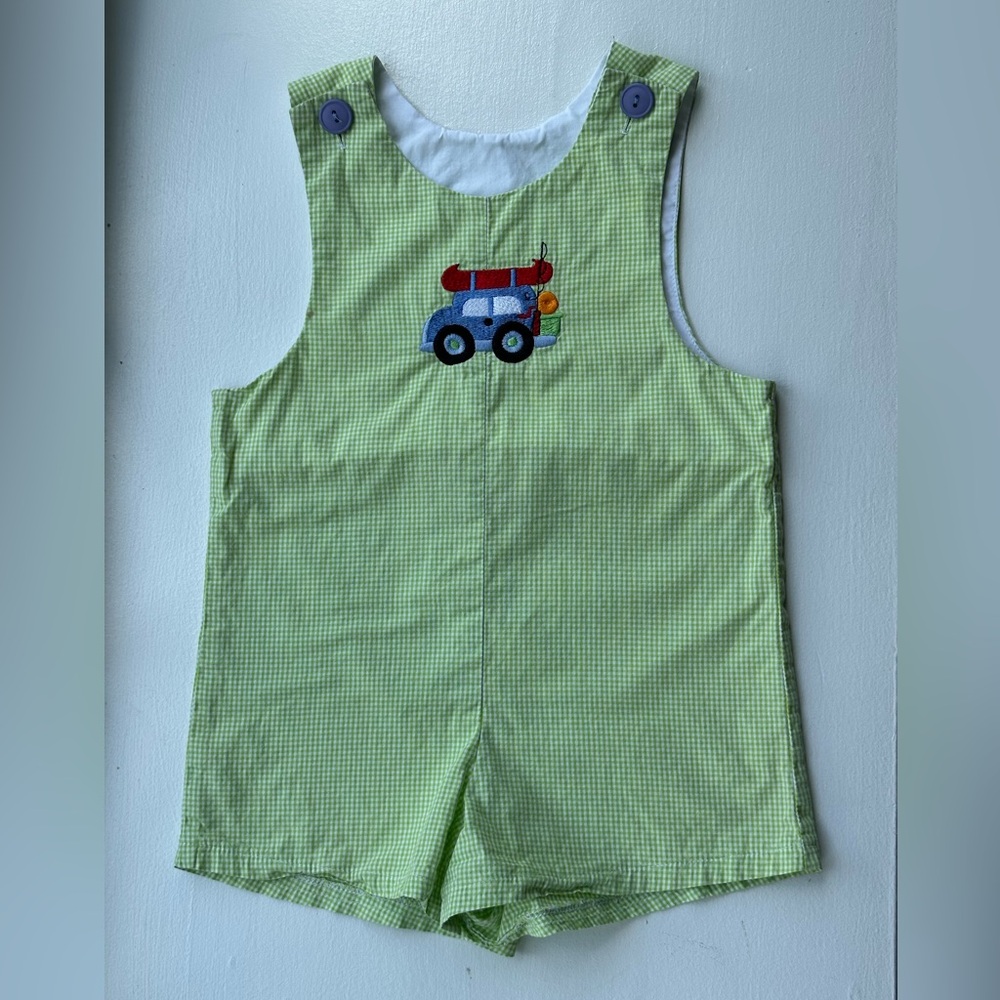 Just Ducky Green Gingham Embroidered Romper Jon Jon Size 2